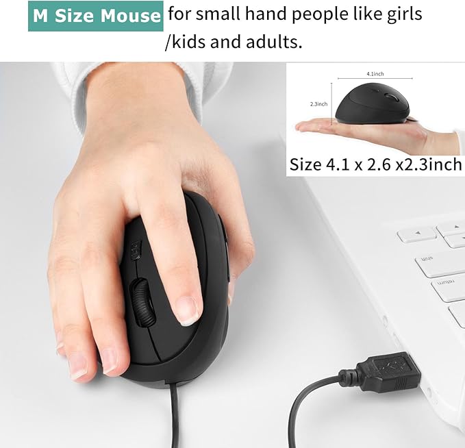 Wired Vertical Mouse, Ergonomic Optical USB Cord PC Gaming Mice 800-1200-1600 DPI Portable Silent Mause for Laptop Desktop Office Use (Black)