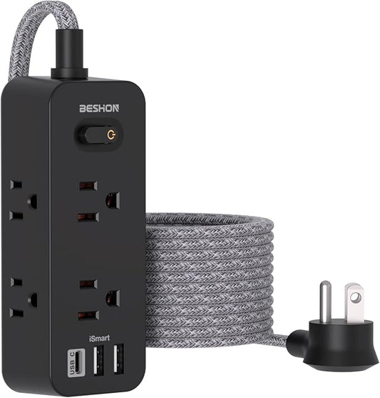 10 FT Black Extension Cord, BESHON Surge Protector Power Strip with 6 Outlets 3 USB Ports(1 USB C), 3-Side Outlet Extender, Flat Plug, Wall Mount for Home, Office, Travel, and Dorm Essential