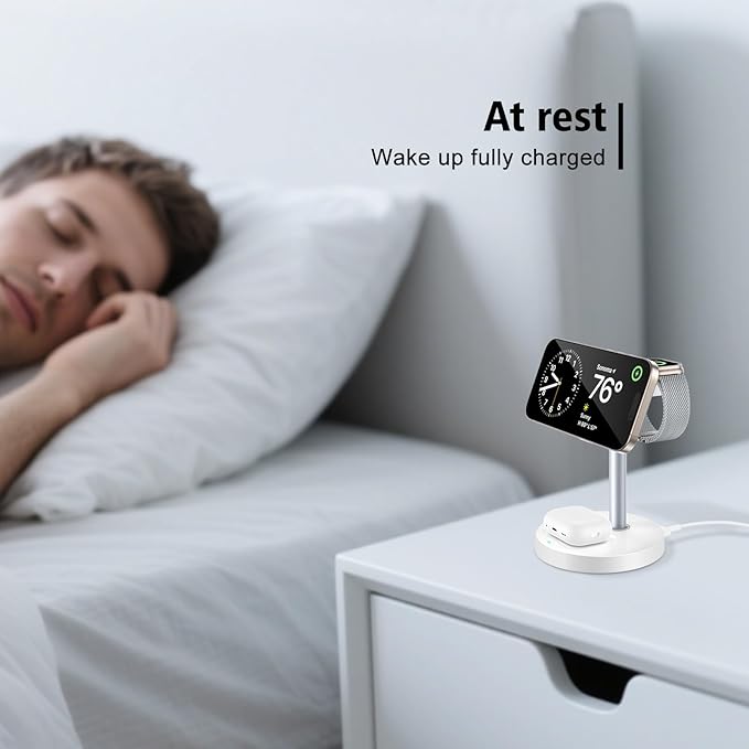 3 in 1 Magnetic Wireless Charging Station, 15W Fast Charger Stand for iPhone, Phone Charger Stand for Desk Nightstand, Compatible with iPhone 17/16/15/14, Apple Watch & AirPods, Adapter Not Included