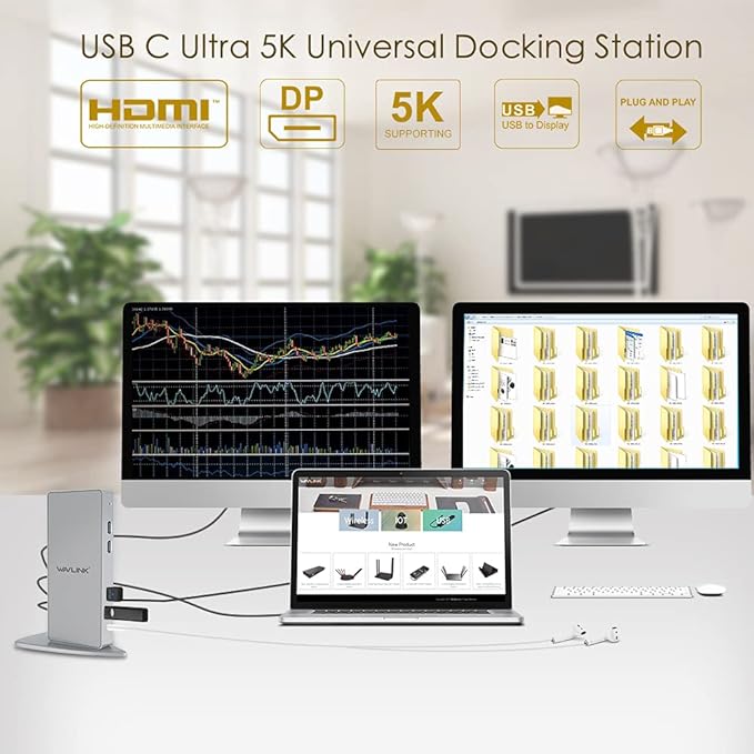 WAVLINK USB 3.0 Dual 5K/4K@60Hz Laptop Docking Station for Thunderbolt 4/3, USB-C/A Windows, MacOS, ChromeOS, Ubuntu 20.04,22.0 (2X HDMI, 2X Display Port, LAN, 6 USB 3.0, Audio)
