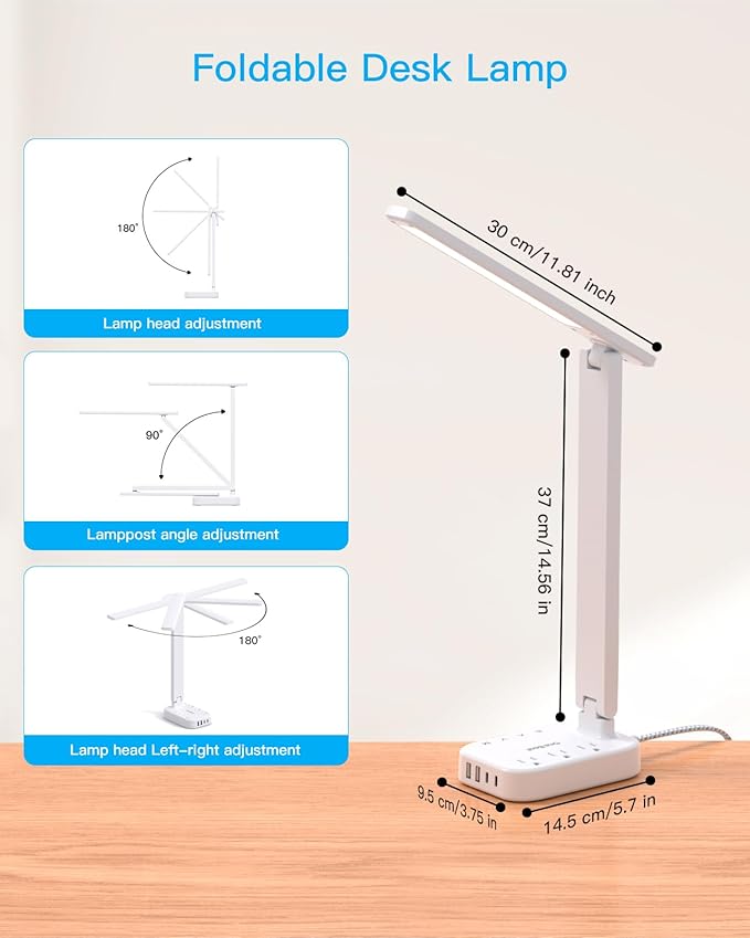 Power Strip with LED Desk Lamp, 10 Ft Extension Cord with 3 Outlets 4 USB Ports(2 USBC), 4 Modes 5 Level Touch Lamp Small Desk Lamps for Home Office College Dorm Room, Study Reading Light - BK