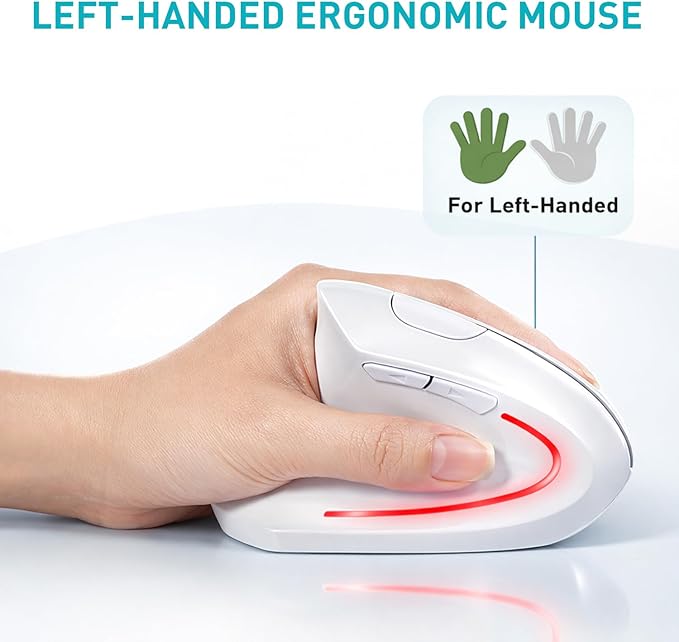 Left Handed Mouse, 2.4G Wireless Left Handed Ergonomic Mouse with 800/1200/1600 Adjustable DPI, 6 Buttons Wireless Vertical Mouse for MacBook/Laptop/PC/Desktop (White)