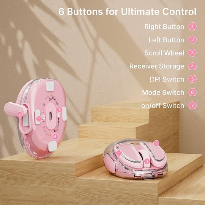 EWEADN Q9 Wireless Clear Mouse Dual Mode Bluetooth & 2.4G USB Computer Mouse with RGB Lighting, Silent Clicks, Multi-Device Compatibility for Laptop, PC, MacBook, iPad Cute Mouse-Pink