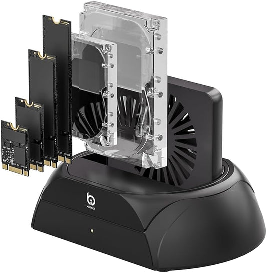 Hard Drive Docking Station, Pcie NVMe Adapter with Cooling Fan Superior Cooling Efficiency, External Hard Drive Reader Compatible with M.2 NVMe/SATA SSD & 2.5" and 3.5" SATA HDD SSD