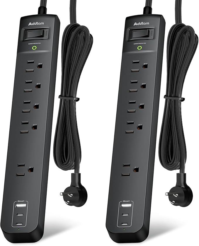 10Ft Surge Protector Power Strip- Addtam Extension Cord with 5 AC Outlets 3 USB Ports(2 USB C), 1875W/15A, Flat Plug, Outlet Extender for Home Office Supplies College Dorm Room Essentials,ETL Listed