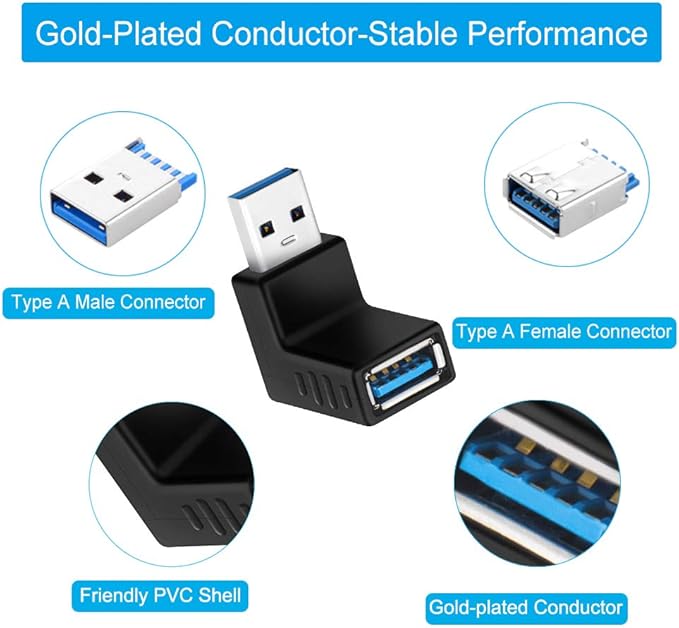 ELUTENG 90 Degree USB 3.0 Adapter 6 Pack - Right Angle Male to Female Up/Down/Left/Right Connector - L Shaped Extension for PC, Laptop, Charger and More