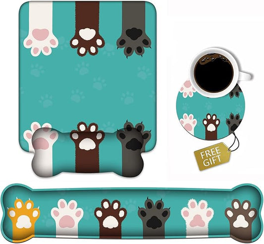 Wrist Rest Support Ergonomic Gel Mouse Pad & Memory Foam Keyboard Set, Non-Slip Rubber PU Base for Home Office Working Studying Easy Typing & Pain Relief, Cute Cat Paws