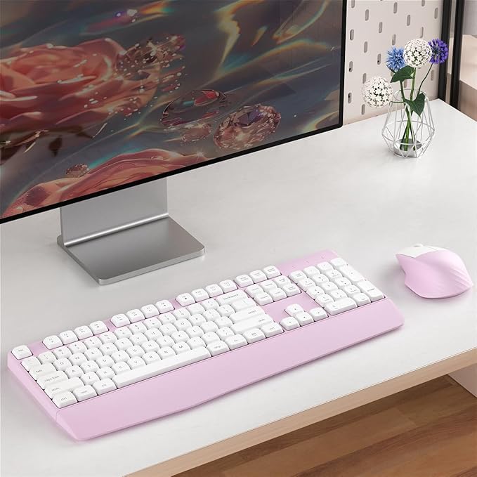 Wireless Keyboard and Mouse Combo, Ergonomic Keyboard with Wrist Rest, 2.4Ghz Wireless Connection, Compatible with PC/Laptop/Windows/Mac for Home and Office Use (White Pink)