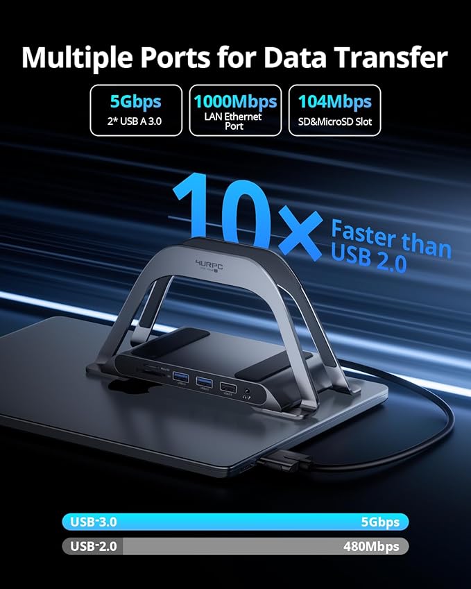 4URPC MacBook Pro Docking Station Dual Monitor 4K@60Hz with 100W Power Adapter, USB C Docking Station Vertical Stand for MacBook Pro/Air with 2 HDMI, USB 3.0, SD&microSD, Ethernet, Audio