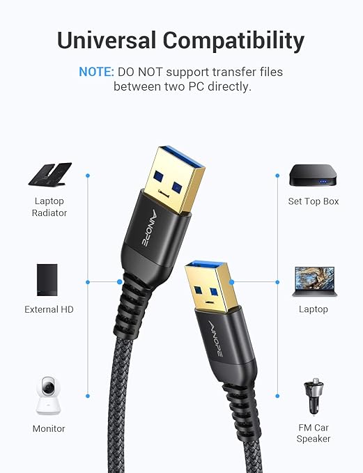 AINOPE USB to USB Cable, USB 3.0 A to A Male to Male Cable [Never Rupture] Double End Type A Cord Compatible with Hard Drive Enclosures, KVM, DVD Player, TV, Laptop Cooler,3.3Ft/Black, 2 Pack