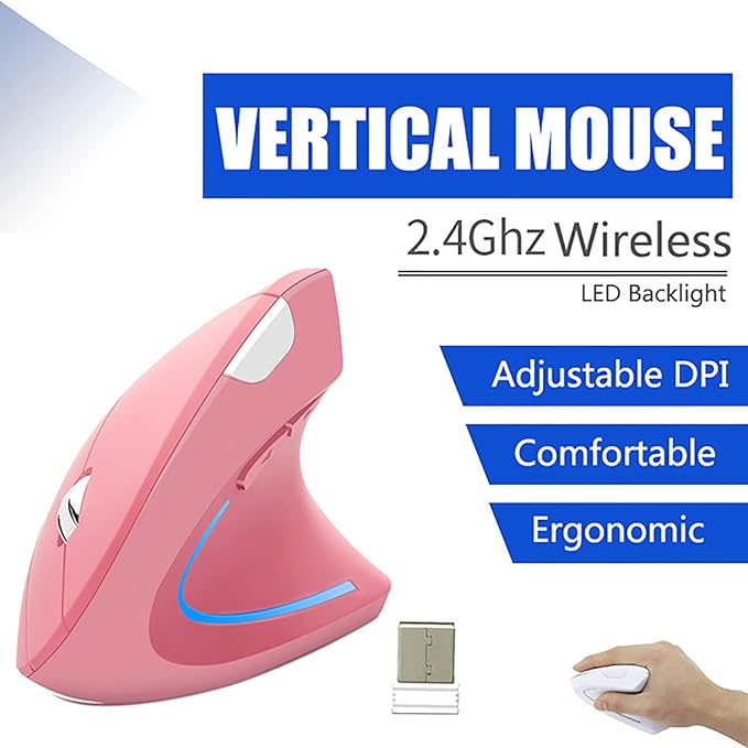 Vertical Mouse, 2.4G Wireless Ergonomic Optical Mouse 800/1200 /1600 DPI 6 Buttons Right Handed Gaming Mice for Laptop, Desktop, PC, MacBook (Pink)