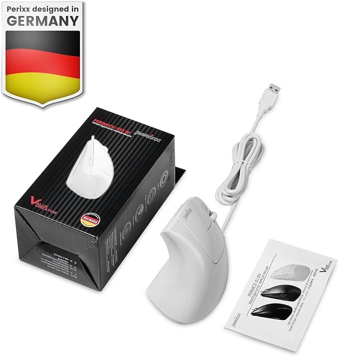 Perixx PERIMICE-513W Wired Ergonomic USB Mouse - 6 Buttons with 1000/1600 DPI - Vertical Right-Handed Design - White