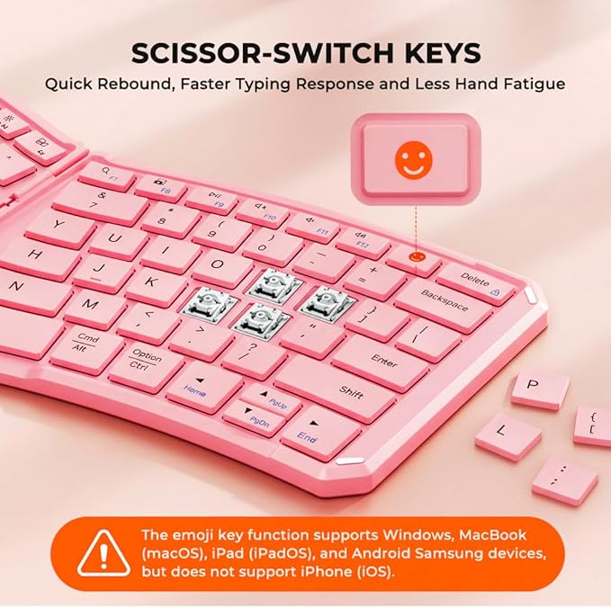 MEETION Ergonomic Foldable Bluetooth Keyboard, Split Compact Portable Keyboard for Business Travel, Ultra-Thin Folding Rechargeable Wireless Keyboards for iOS Android Windows Mac Tablet PC, Pink