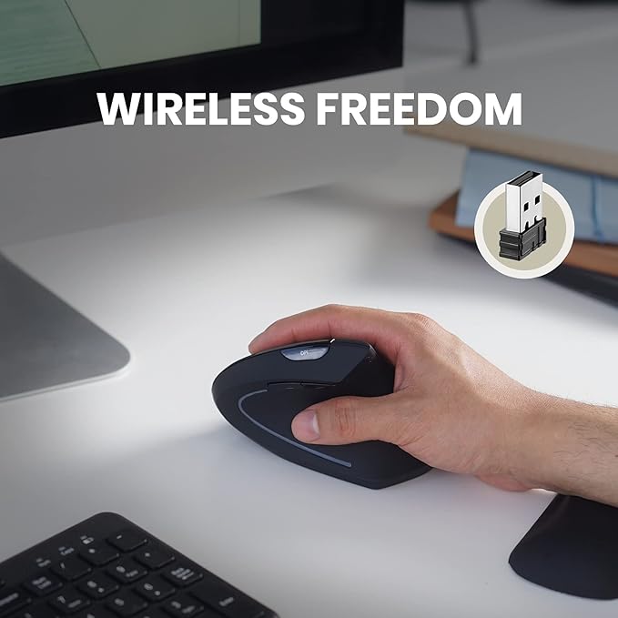 Perixx PERIMICE-713 Wireless Vertical Mouse - 6 Buttons Design - 3 Level DPI - Black - Right-Handed Design