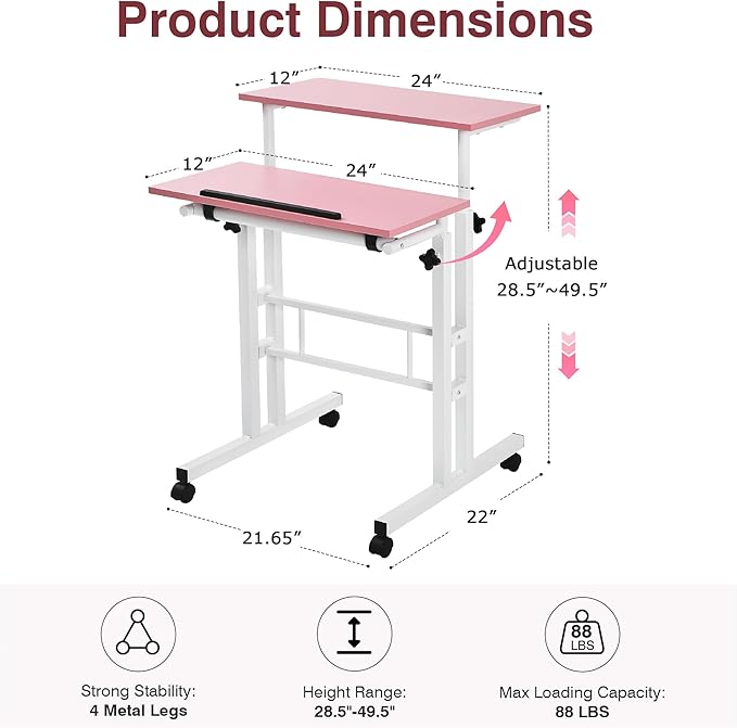 VECELO Small Mobile Standing Desk 24 Inch, Adjustable Height Portable Stand Up Desk with Wheels Computer Workstations, Rolling Laptop Cart, Pink