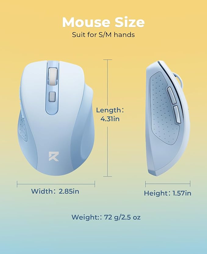 Redragon Wireless Mouse for Laptop, Bluetooth Mouse (BT5.0/3.0&2.4G) with 5 Level 4000DPI, Silent Cordless Computer Mice 6 Buttons,18 Months Battery,Compatible with PC, Laptop, Desktop-Blue