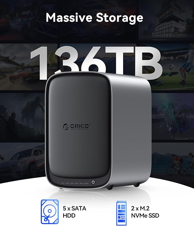 ORICO HS500 NAS Storage, AI Album and Virtual Machine, Flexible RAID Setup, 5* HDD Slot, 2 * M.2 NVMe SSD Slot, 2 * 2.5 GbE, 4K HDMl, Network Attached Storage (Diskless)