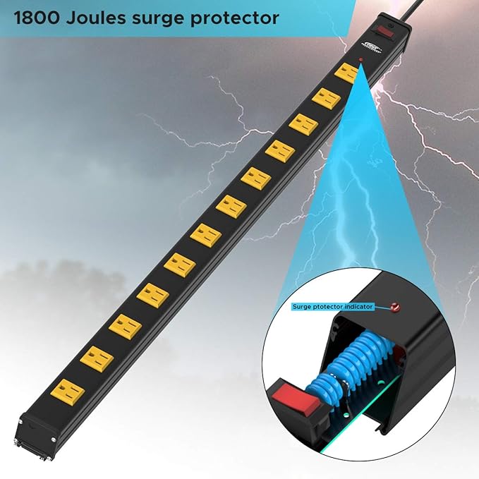 CRST 12-Outlet Metal Long Power Strip, Heavy Duty 1800 Joule Surge Protector Wall Mount Power Strip, 6FT Wide Spaced Workshop Garage Industrial Power Bar, 15A Circuit Breaker, ETL Listed