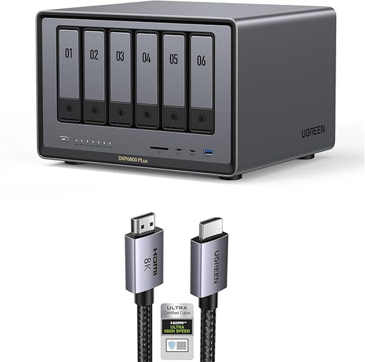 UGREEN NASync DXP6800 Plus 6-Bay Desktop NAS Support Storage Capacity Up to 196TB Bundle with 6.6FT 8K HDMI Cable Certified.