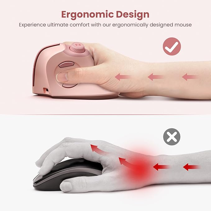 seenda Ergonomic Mouse Wireless, MOU-302 Bluetooth Vertical Mouse Rechargeable, Optical Mice with 1000/1600/2400 DPI, Volume Knob, 3 Multi-Device Connectivity for Computer/PC/Laptop/Mac, Pink