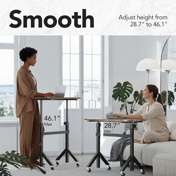 HUANUO 32'' Small Standing Desk with Wheels,28.7"-46.1" Heigh Adjustable Portable Rolling Desks,Mobile Stand Up Desk for Walking Pad and Treadmill,Sit to Stand Computer Workstation for Bedroom,Walnut