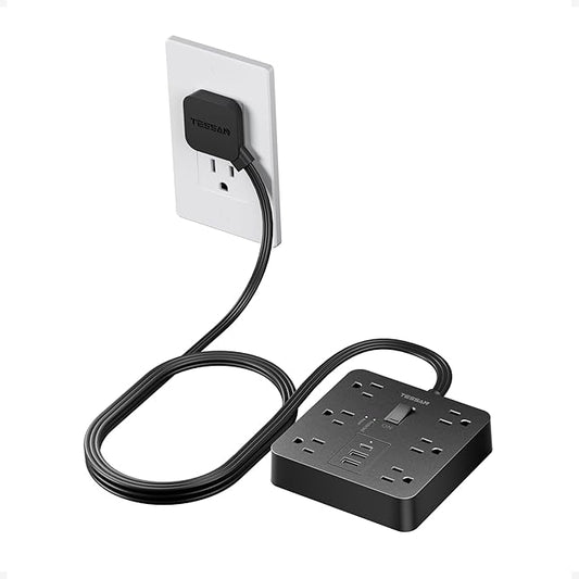 TESSAN Black Surge Protector Power Strip, Flat Plug Extension Cord 5 FT with 6 Outlets 3 USB Charger (1 USB C), 1700J Protection Multiple Outlets Charging Station for Home, Office, College Dorm Room