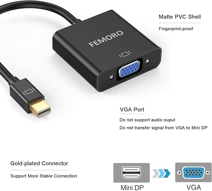 FEMORO Mini DisplayPort to VGA Adapter 2 Pack, Mini Display Port DP to VGA Cable Converter Male to Female (Thunderbolt and Thunderbolt 2 Port Compatible) Black