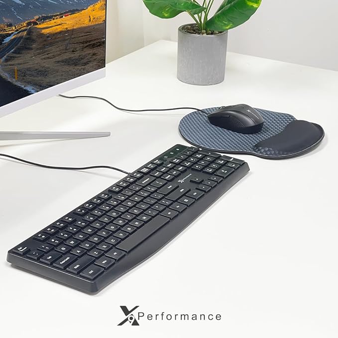 X9 Wired Keyboard and Mouse Combo | USB Mouse and Keyboard (Mouse Pad Included) Ergonomic Full Size Corded Computer Keyboard and Mouse for PC Windows Desktop Laptop
