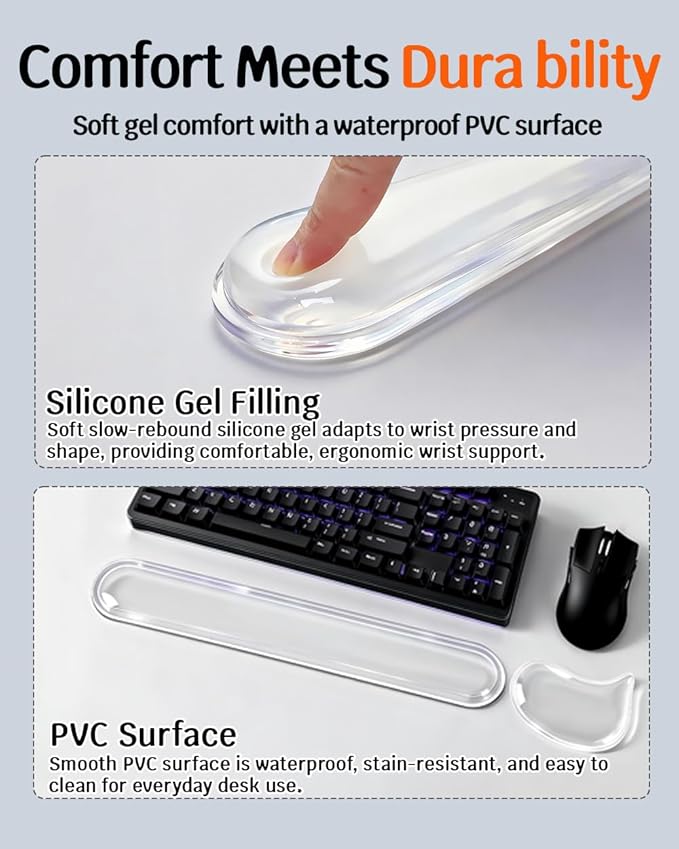 Clear Gel Keyboard Wrist Rest with Mouse Pad Wrist Support, Ergonomic Wrist Rest for Computer Keyboard and Mouse, Non-Slip Cooling Keyboard Pad for Office, Gaming & Laptop (Transparent)