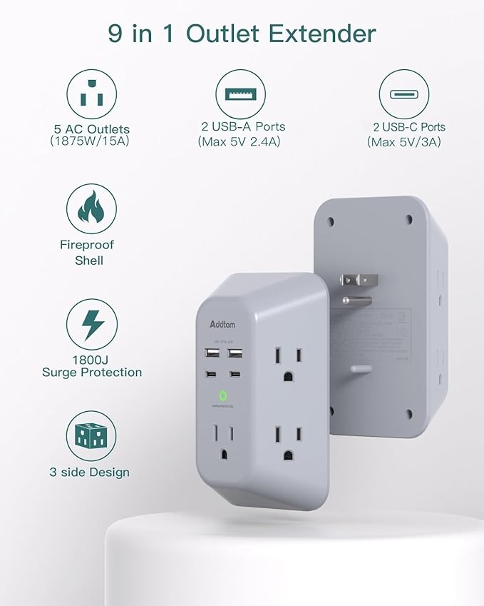 Addtam Surge Protector Outlet Extender, Multi Plug Wall Outlet with 4 USB Ports(2 USB-C), 3-Sided 1800J Power Strip Plug Extension Outlet Splitter, Gray