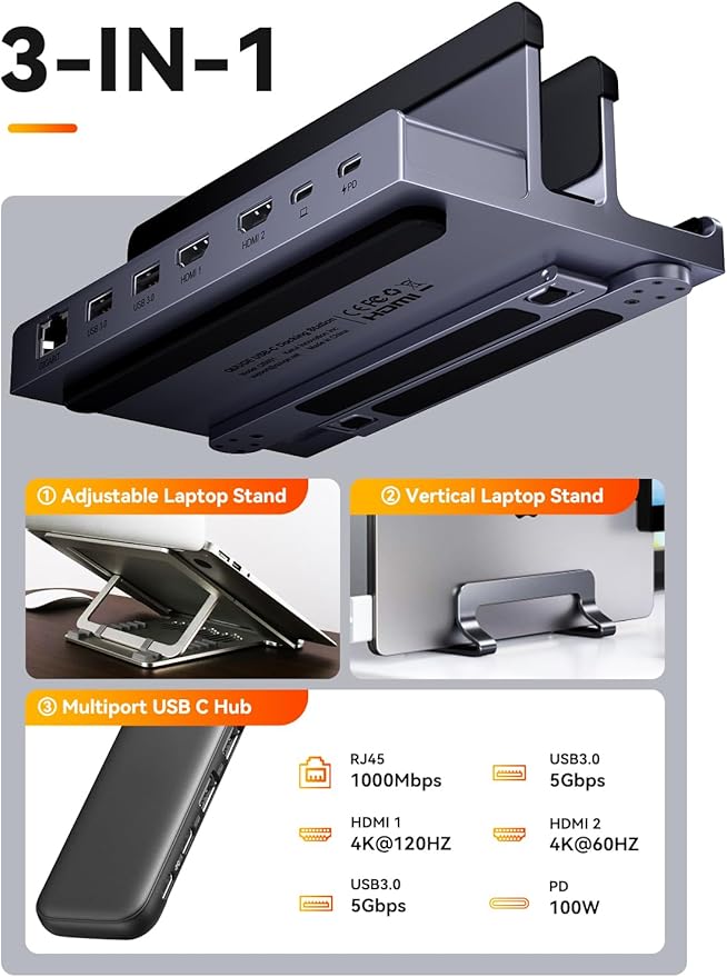 Laptop Docking Station Stand Dual 4K Monitor: QUUGE USB C Docking Station Dual Monitor for Laptop, 2 HDMI (Single 4K@120Hz), 2 USB3.0 Ports, 100W PD, RJ45 Ethernet, Universal Laptop Stand USB C Dock