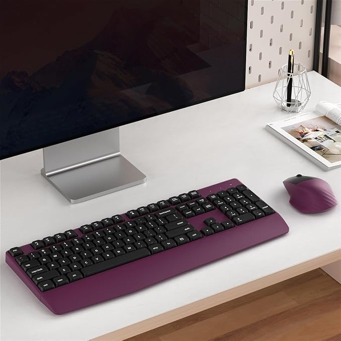 Wireless Keyboard and Mouse Combo, Ergonomic Keyboard with Wrist Rest, 2.4Ghz Wireless Connection, Compatible with PC/Laptop/Windows/Mac for Home and Office Use (Black Burgundy)