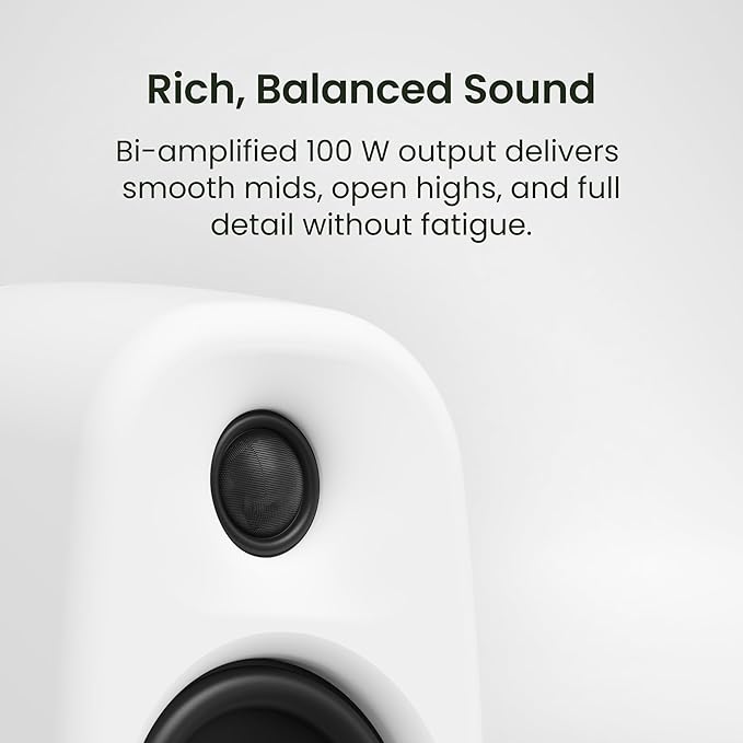 Kanto UKI 100 W Active Desktop Computer Speakers with Bluetooth and USB-C | Intelligent Sub Integration | Headphone Out | Pair | Chalk