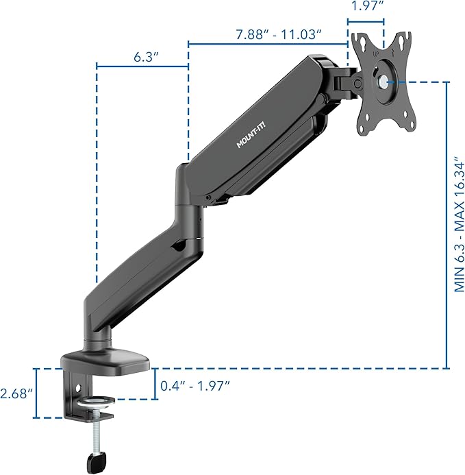 Mount-It! Single Monitor Arm Desk Mount, Gas Spring Monitor Mount, Fits 13–32" Screens up to 17.6 lbs, VESA 75x75 & 100x100, Full Motion Tilt Swivel Rotate, C-Clamp & Grommet Base