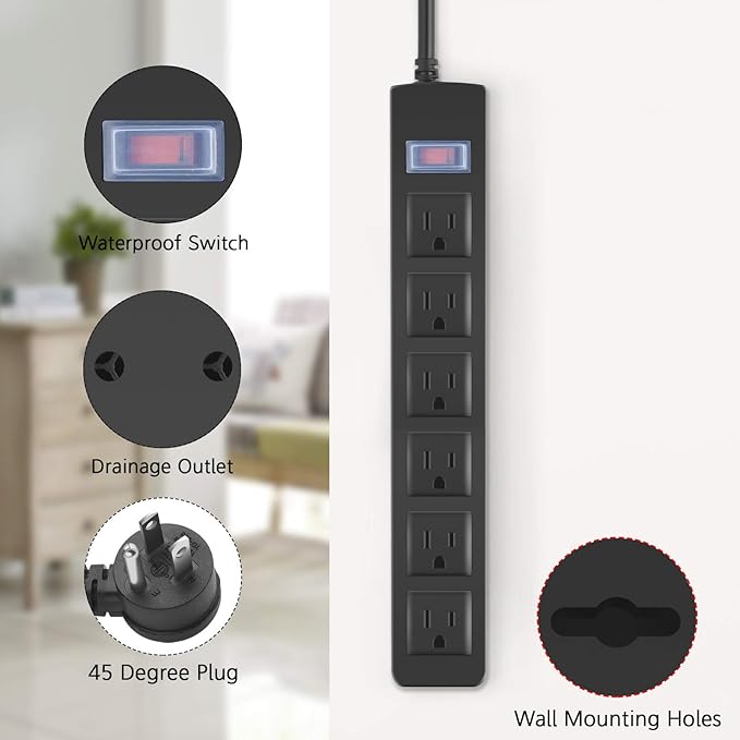 Outdoor Power Strip Waterproof with 6 Outlets, Garden Weatherproof Surge Protector, Christmas Multiple Outlet Exterior Socket for Lighting Appliances. 15FT Extension Cord Strip with Flat Plug. Black