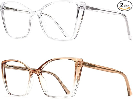 2 Pack Blue Light Blocking Glasses for Women, Oversized Trendy Cat Eye Computer Gaming Glasses Anti Glare & UV Glare RF6204 (Clear + Clear Gradient Brown Cateye Frame)