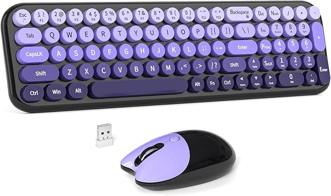 Wireless Keyboard and Mouse Combo, MOWUX Compact Typewriter Retro Round Computer Keyboard, Cute Optical Mouse Wireless, Plug and Play, for Laptop, PC, Computer- Black Purple Gradient