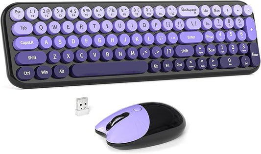 Wireless Keyboard and Mouse Combo, MOWUX Compact Typewriter Retro Round Computer Keyboard, Cute Optical Mouse Wireless, Plug and Play, for Laptop, PC, Computer- Black Purple Gradient