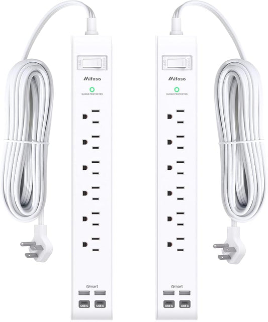 2 Pack Power Strip, 12FT Long Extension Cord, Surge Protector with 6 Outlets and 4 USB Charging Ports(2 USB C), Flat Plug Overload Protection, Wall Mount for Home Office Dorm College