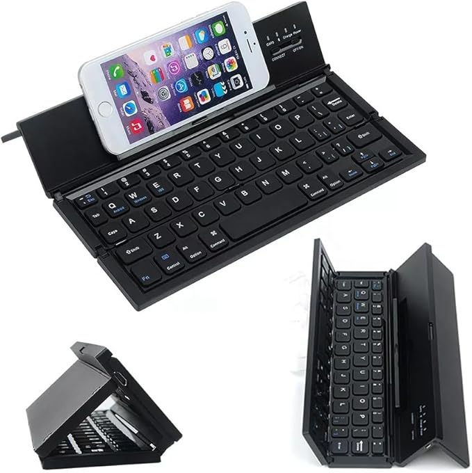 Mini Travel Wireless Keyboard Compatible with Apple iPhone 17/16/16E/16/ and Pro/Max/Plus Models Built-in Phone Holder/Stand-Ultra Slim Folding Rechargeable Full Size Keyboard!