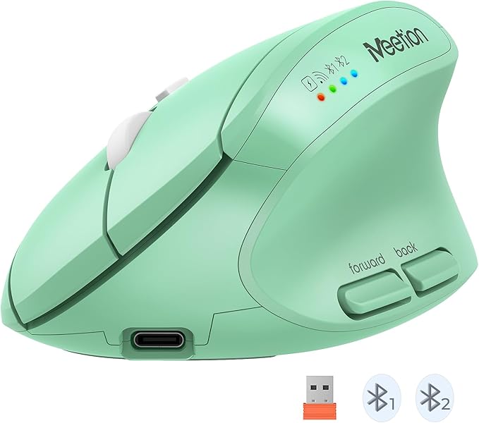 MEETION Ergonomic Wireless Mouse, Bluetooth Vertical Rechargeable Mice, 4 Adjustable DPI 800-2400, Bluetooth 5.2+5.2+USB Mouse for Windows/Mac, for Laptop/PC/Desktop/Computer/iPad -Green