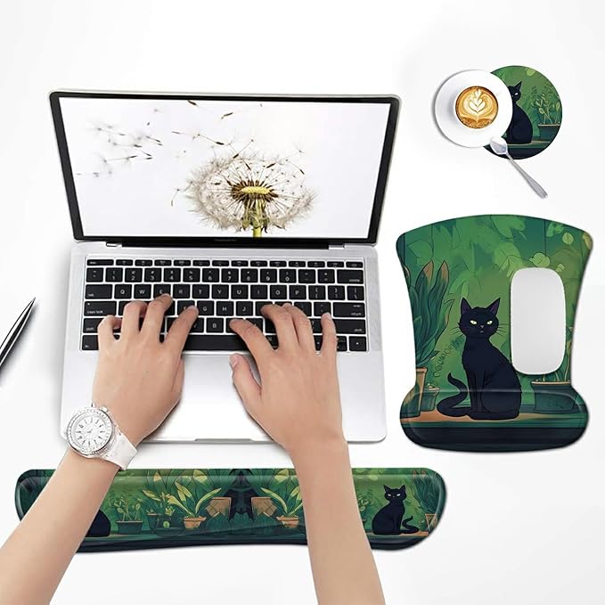 Ergonomic Mouse Pad with Wrist Support Gel Mousepads and Upgrade Keyboard Wrist Rest Pad Set, Coasters Non-Slip PU Base Mouse Mat for Office Gaming Computer Laptop Home, Black Cat Leaf
