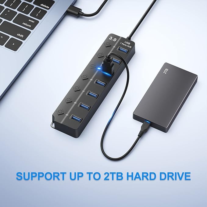 USB Hub 3.0, 7-Port USB Hub Splitter with Individual On/Off Switches and Lights, 3.2ft/1m Long Cable Compatible with MacBook, Laptop, Surface Pro, PS4, PC, Flash Drive, Mobile HDD