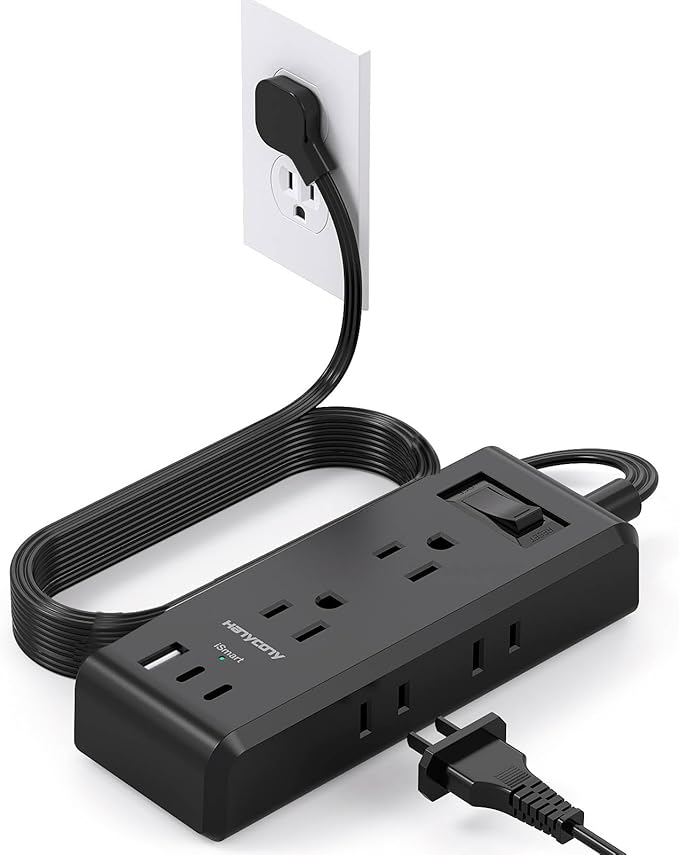 Black Extension Cord 10 Ft, HANYCONY Ultra-Thin Flat Plug Power Strip with 6 Outlets and 3 USB Ports (2 USB C), Long Extension Cord with Multiple Outlets for College Dorm Room Office Desk Essentials