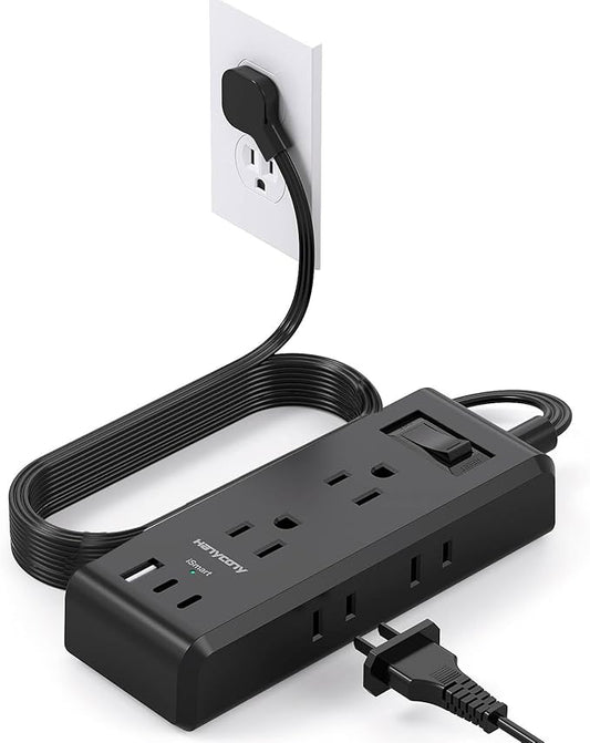 Black Extension Cord 10 Ft, HANYCONY Ultra-Thin Flat Plug Power Strip with 6 Outlets and 3 USB Ports (2 USB C), Long Extension Cord with Multiple Outlets for College Dorm Room Office Desk Essentials