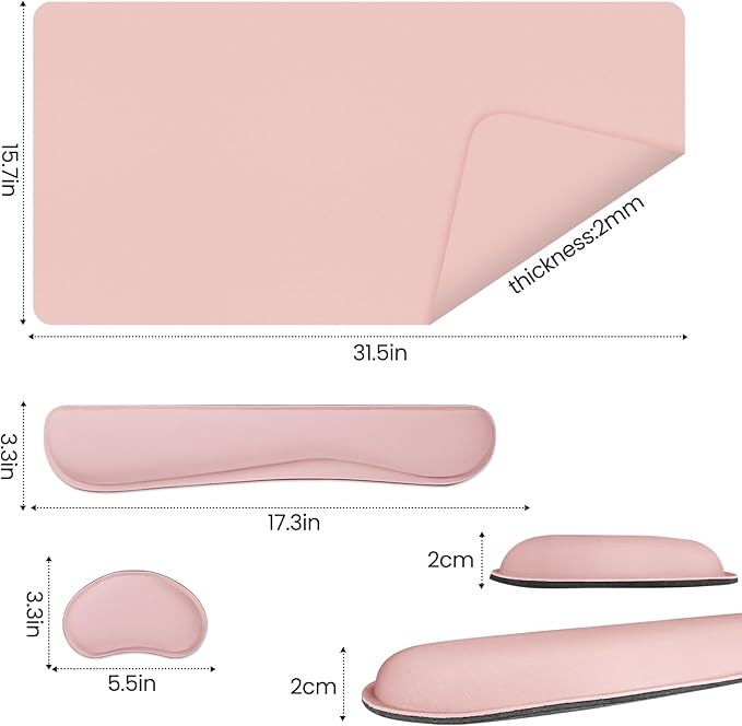 Desk Pad Mat Set,3-in-1 Large Mouse Pads with Wrist Rest and Keyboard Pad, Pink Desk Mats for Keyboards and Mouses, Ergonomic Keyboard and Mouse Mat Set for Office Home Decor, 31.5" x 15.7"
