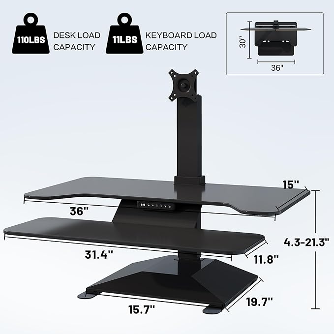 Electric Standing Desk Converter 36" Wide, Height Adjustable Desk Riser, Computer Workstation, Sit-Stand Convertor for Home, Office, School (Black, 1 Arm Included)
