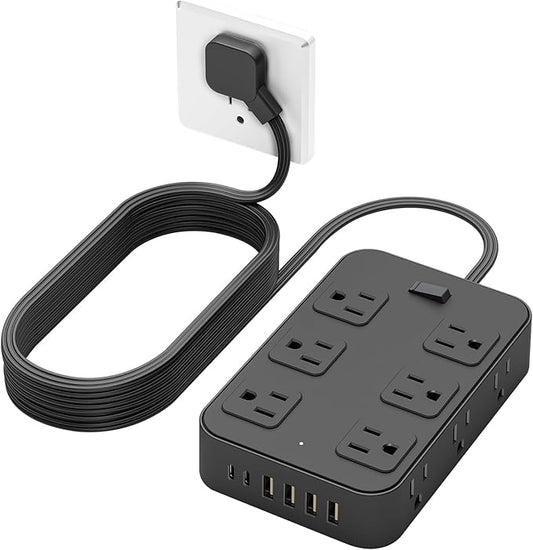 Flat Plug Power Strip Surge Protector with 12 AC Outlets 6 USB Ports 3 Side Multi Plug Outlet Extender 15 Ft Extension Cord for Home Office Kitchen Dorm Wall Desk Charging Station ETL Listed