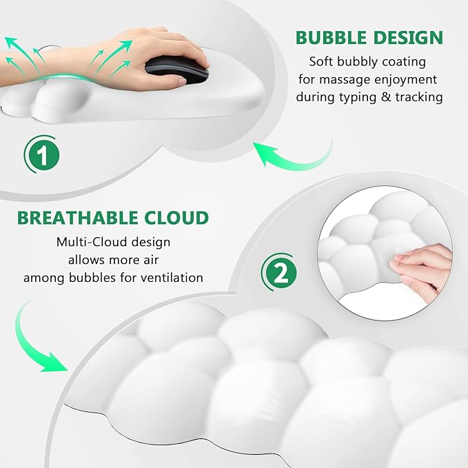 AKIT Bubble Massage Ergonomic Mouse Pad with Wrist Rest for Computer Keyboard, Cloud Wrist Rest Keyboard Pad and Cute Mouse Pad with Wrist Support Soft White Mousepad Gaming Mouse Pads for Desk Office