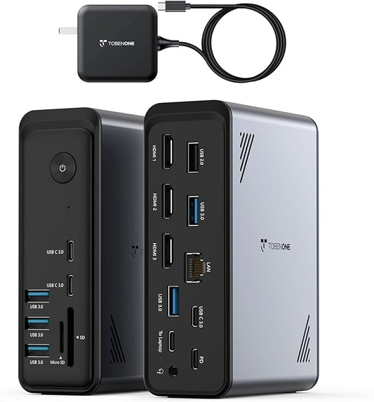 TobenONE 18 in 1 USB C Docking Station 3 Monitors 4K@60Hz, Laptop Docking Station with 100W Power Adapter, Triple Monitors with 3 HDMI, 9 USB Ports, Gigabit Ethernet, for Windows and Chrome OS